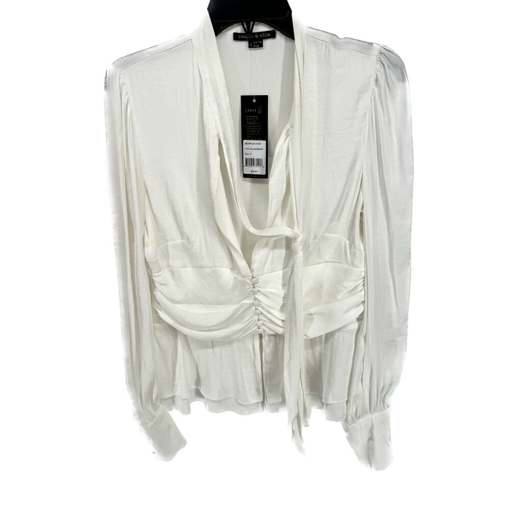 cooper & ella White Ruched Tie-Neck Blouse